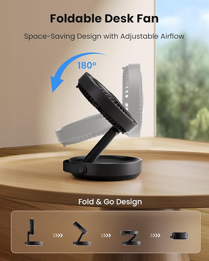 Gaiatop Foldable Desk Fan with Night Light, 6.8in Portable Travel Fan | 6000mAh Battery Powered Fan, USB Rechargeable, Bedroom Office Camping Travel & Cruise Essentials, Gifts for Women Men, Black - Image 2