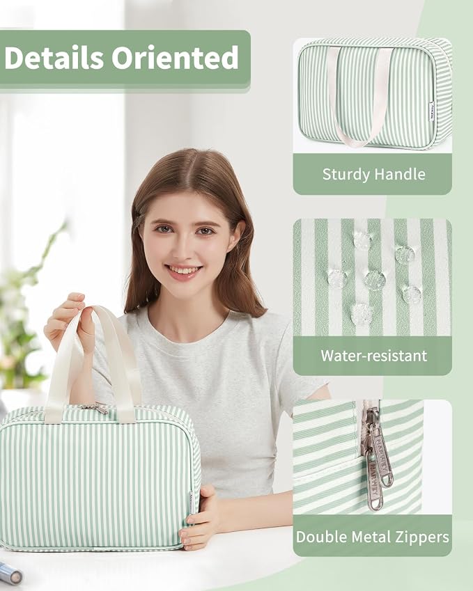 Full Size Toiletry Bag Women Large Cosmetic Bag Travel Makeup Bag Organizer Medicine Bag for Toiletries Essentials Accessories (Mint Green Stripe, Large) - Image 3