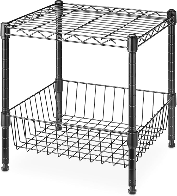 Whitmor 2 Tier Metal Storage Shelves, Heavy Duty Shelf with Basket, 350 lbs Capacity per Shelf, 700 lbs Total, Home Organizer for Kitchen, Garage, Bathroom, 15" L x 14" W x 15" H, Black by Whitmor