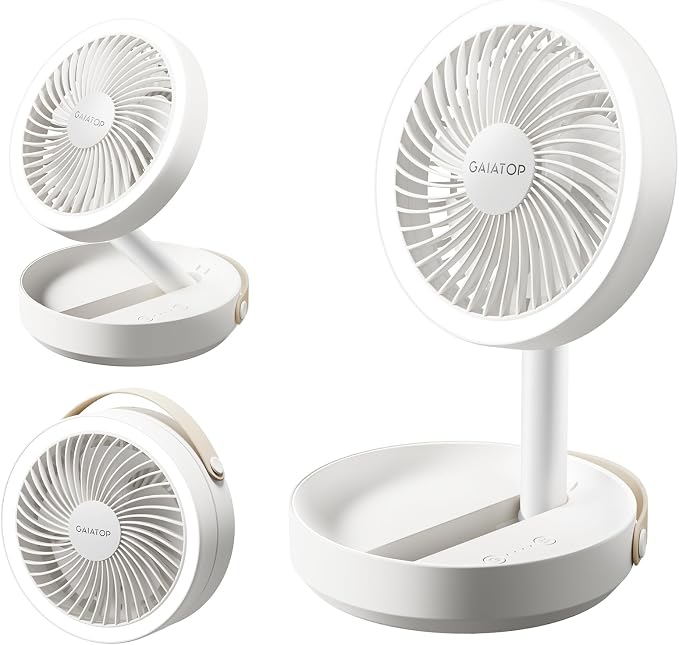 Gaiatop Foldable Desk Fan with Night Light, 6.8in Portable Travel Fan | 6000mAh Battery Powered Fan, USB Rechargeable, Bedroom Office Camping Travel & Cruise Essentials, Gifts for Women Men, White by GAIATOP