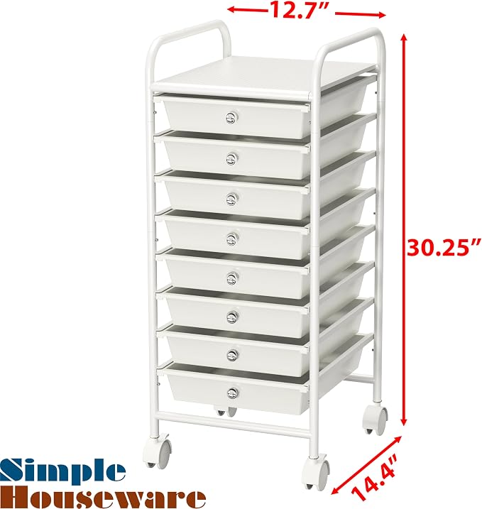 Simple Houseware 8 Drawers Rolling Utility Cart Art Craft Storage, White | 1-Column, 30.25" Height, Lockable Wheels, for School, Office, Art Craft, and Paper Storage - Image 3