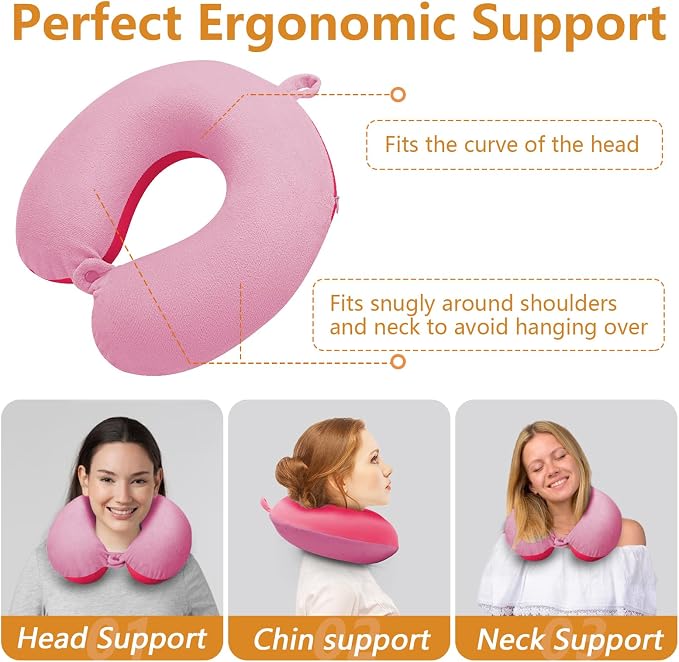 Travel Pillow, Memory Foam Neck Pillow for Traveling, U Shape Airplane Portable Flight Pillow Adult Travel Neck Pillow for Plane Train Car Home Office (Pink) - Image 4