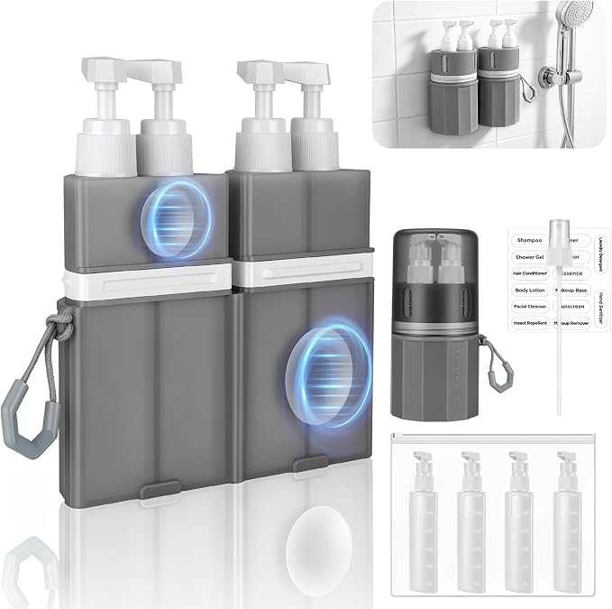 4 in 1 Travel Dispenser Bottles, TSA Approved Leak Proof Refillable Toiletry Containers with Vacuum Suction Cup for Smooth Walls, Portable Empty Bottle Set for Shampoo Conditioner Body Wash by Kkluno