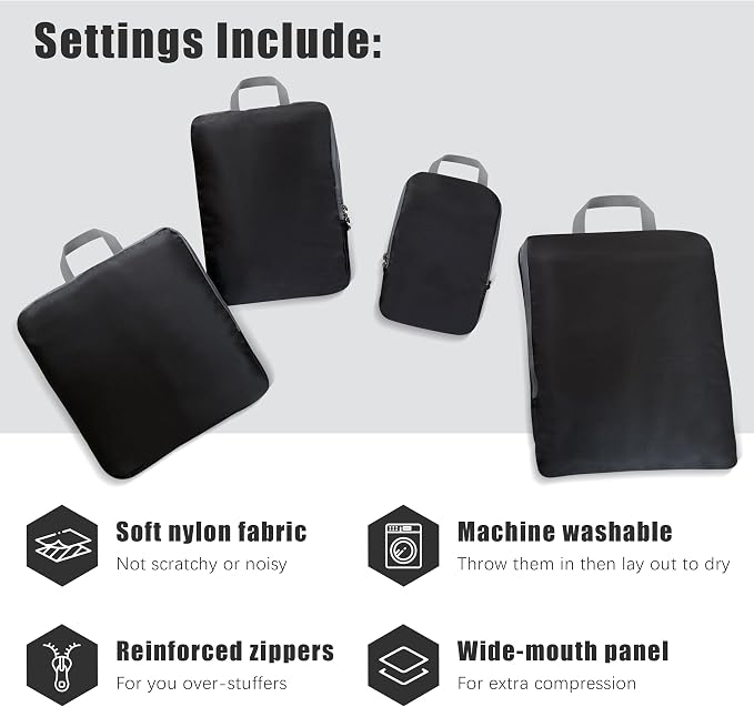 4 Set Compression Packing Cubes Travel - Travel Accessories Expandable Packing Organizers for Carry On - Essentials Luggage Bags - Black - Image 3