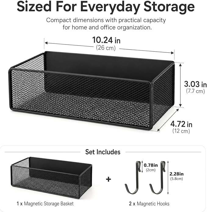 Magnetic Basket Organizer with 2 Hooks, Strong Magnetic Shelf for Fridge | Metal Mesh Storage Basket for Refrigerator, Kitchen, Garage, Office and Pegboard - Image 2