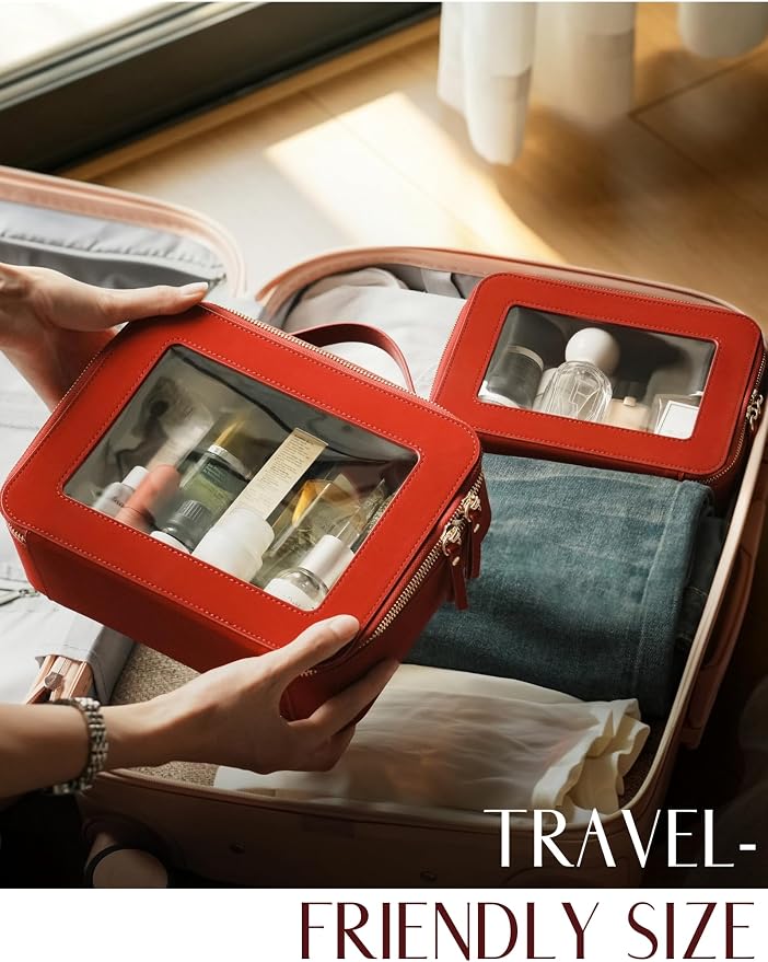 Clear Makeup Bag with Zipper, Women Travel Toilrty Bag Red Medium | Structured Clear Cosmetic Case, Car Essential Organizer Bag, Waterproof PU Leather, Dual Zipper, Wide Opening and Compact - Image 6