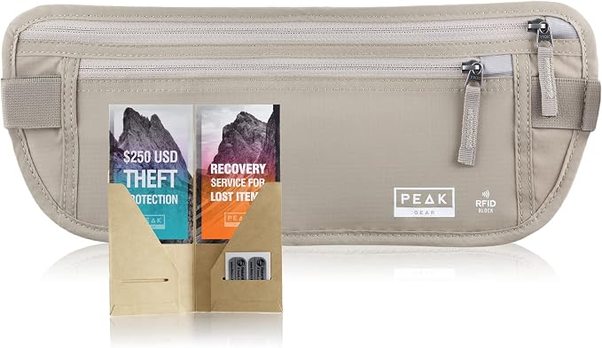 Peak Gear Travel Money Belt. Premium Quality Travel Wallet with RFID Blocking Fabric to Protect Credit Cards, Passports and Documents. Exclusive Theft Protection and 2 Recovery Tags | Beige by Peak+Gear