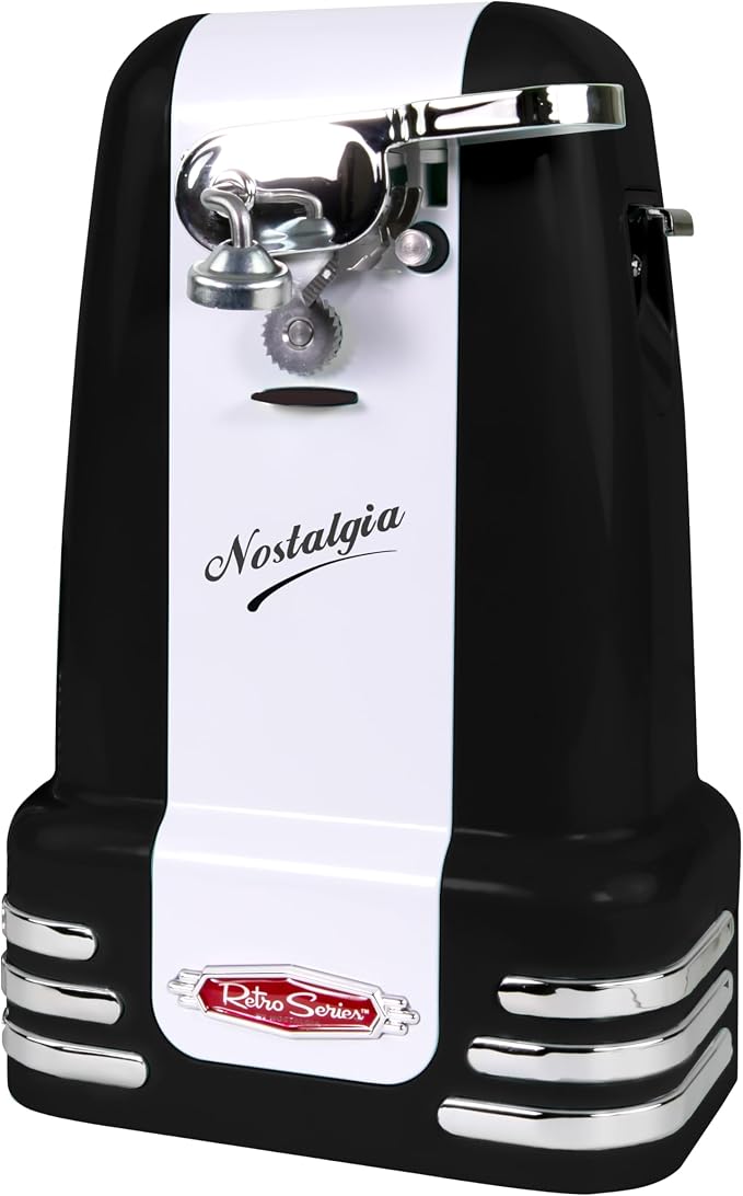 Nostalgia Retro Electric Can Opener for Kitchen with Magnetic Lid Remover, Knife Sharpener, and Soda or Beer Bottle Opener, Black by Nostalgia