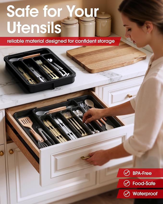 Aujen Silverware Drawer Organizer, Adjustable Utensil Cutlery Tray | Expandable Kitchen Organizer for Forks Knives, Multipurpose Kitchen Storage, Apartment Essentials, Black, Medium - Image 3