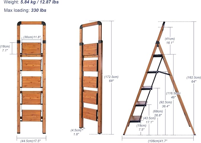 Step Ladder 5-Step Woodgrain Finish Aluminum Folding Ladders | Anti-slip Sturdy Foldable Ladder Step Stool for Kitchen Home Office Libaray - Image 2