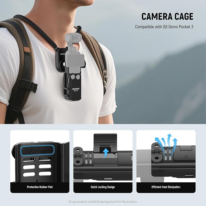 NEEWER Magnetic Neck Mount with Pocket 3 Cage, Flexible Quick Release Action Camera Neck Holder Compatible with Hero 13 12 11 Max DJI Action 5 Pro Insta360 Osmo Pocket 3 Accessory for POV, GP39 - Image 3