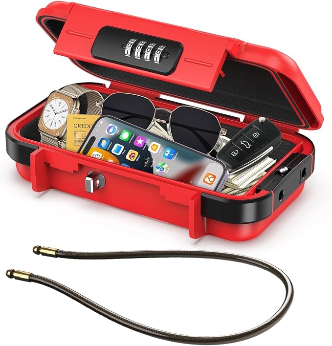 LOFICOPER Travel Safe Lock Box, Waterproof Beach Lock Box, Anti-Theft Personal Security Case with 4 Digit Resetable Code, Removable Chain, Portable Safe for Travel, Home, Office, Keys, Cash, Red by LOFICOPER