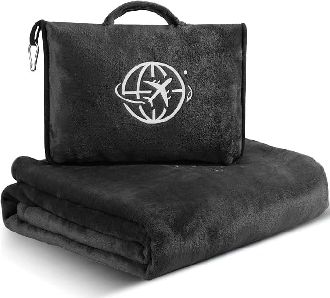 2-in-1 Travel Blanket and Pillow – Lightweight, Compact, Ultra Soft, Machine Washable – Handle, Luggage Sleeve, Backpack Clip – for Travel Airplane, Car, Office (Black) by Unknown
