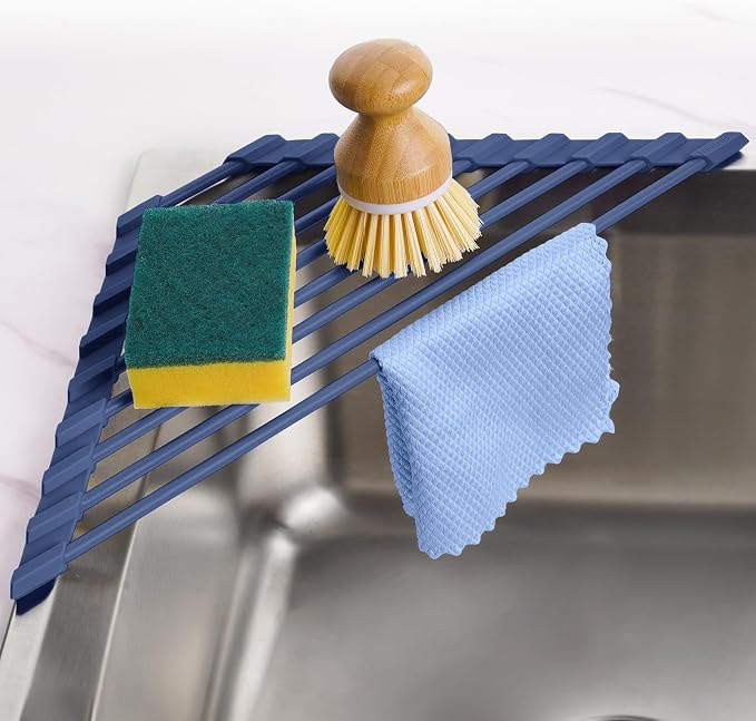 Tomorotec Roll Up Dish Drying Rack with Silicone Coating, Dark Blue | 304 Stainless Steel with BPA-Free Silicone, Triangle Design Maximizes Sink Corner Space, Fits Compact Kitchens And RVs by Tomorotec