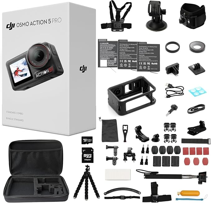 DJI Osmo Action 5 Pro Waterproof Action Camera Bundle, 1/1.3" Sensor | 4K/120fps Video, 47GB Built-In Storage, Original Standard Combo + 58-in-1 Accessory Kit + 2 Extra Batteries + Extra 64GB Card by Unknown