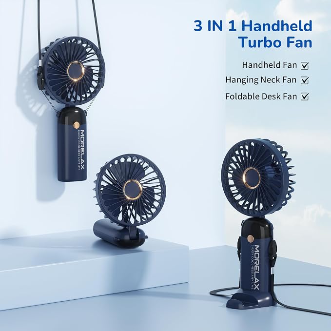 Morelax Handheld Mini Fan,USB Rechargeable Fodable Personal Fans 4000mAh,90 Adjustable, 6 Speed Strong Wind,Portable Fan Pocket Design 5 IN 1Cooling Table Fan for Office School Outdoor Travel,Blue - Image 4