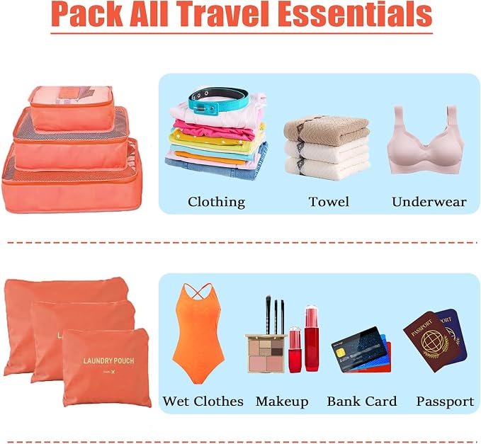 6 Set Packing Cubes for Travel Luggage Organizer Bags Reusable washable Suitcase Packing Cubes Set Travel Accessories Essentials (Orange) - Image 5