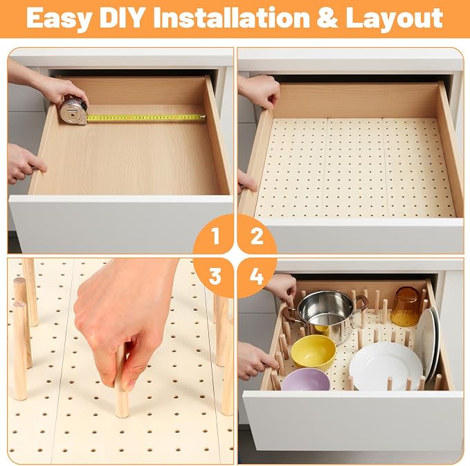 3-Pack Wood Pegboard Drawer Organizer with 24 Adjustable Pegs – Customizable Kitchen Drawer Plate & Utensil Organizer, Natural Wood - Image 4