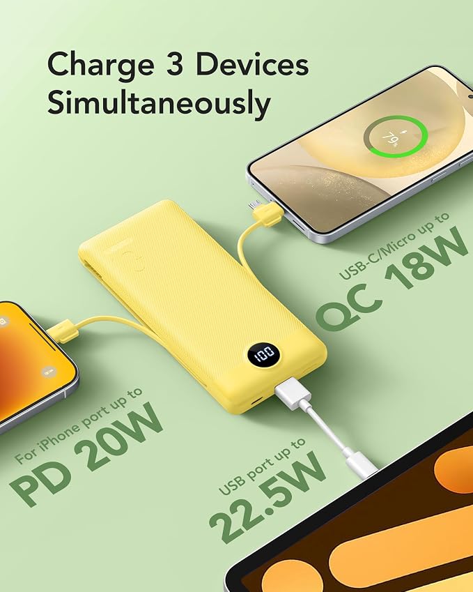 VRURC 10000mAh Power Bank, 22.5W USB C Portable Charger, Yellow | Built-in AC wall plug and cables, LED display, airline approved, slim 8 oz design - Image 6