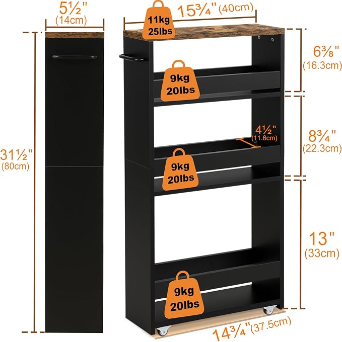 TEAMIX Slim Rolling Storage Cart, Wood 4-Tier Narrow Kitchen/Laundry Cart - Image 5