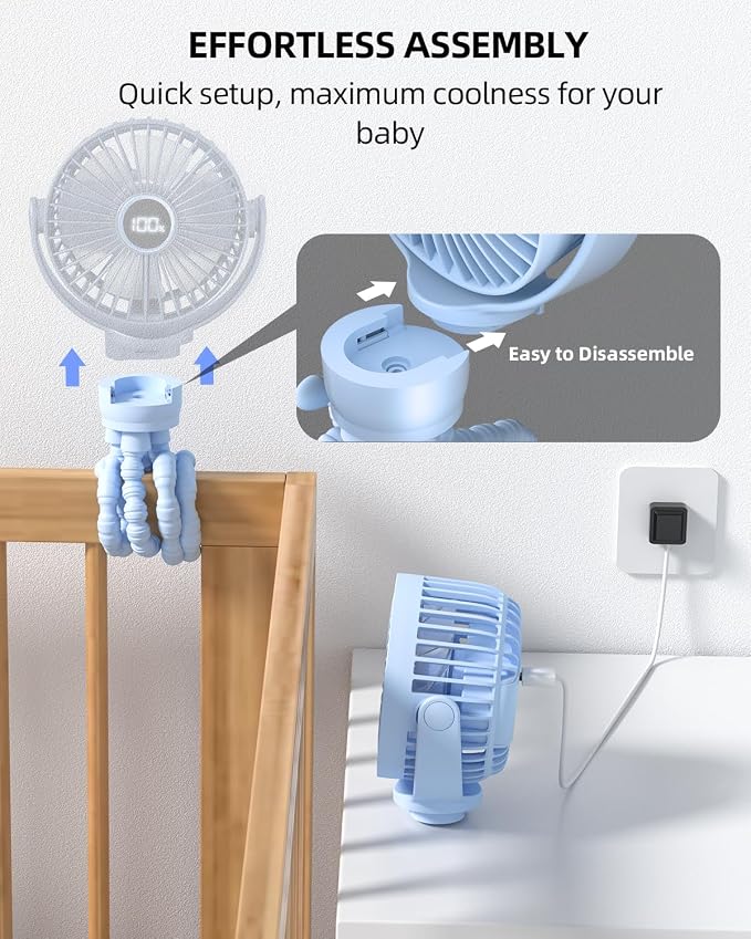 buywoo Portable Stroller Mini Fan, Small Rechargeable Personal Fan, Travel Essentials for Baby, Wagon, Car Seat, Treadmill, Battery Powered Biking Gear Accessories, 360° Rotation, 3-Speed, Display - Image 6
