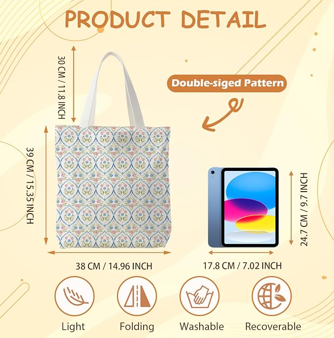 Grandmillennial Blue Floral Tote Bag for Women,Blue Floral Reusable Shopping Grocery Bags - Image 6