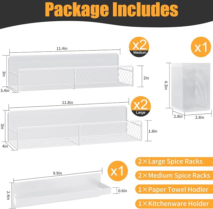 Magnetic Spice Rack for Refrigerator, 6 Pack Metal Magnetic Shelf White, Moveable Spice Organizer, Strong Magnetic Storage Fridge Organizer with Paper Towel Holder, Utensils Holder - Image 2