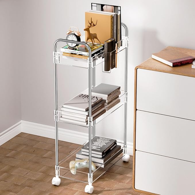 SPACEKEEPER 3 Tier Acrylic Storage Rolling Cart Clear Bathroom Cart Organizer, Transparency Laundry Room Organization Mobile Shelving Unit Multifunction Rolling Utility Cart for Office Living Room | Clear Utility Cart for Laundry Room,Kitchen,Office,Ba... - Image 5