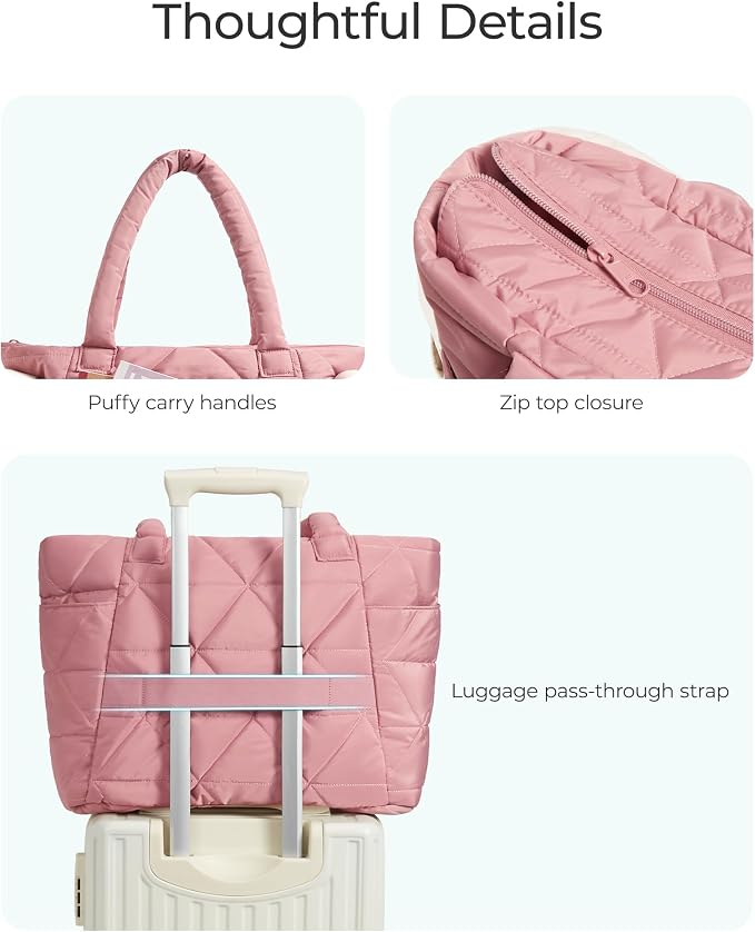 BAGSMART Tote Bag for Women, Puffer Tote Bag with Zipper, Large Quilted Shoulder Bag with Compartments for Travel, Work, Gym - Image 5