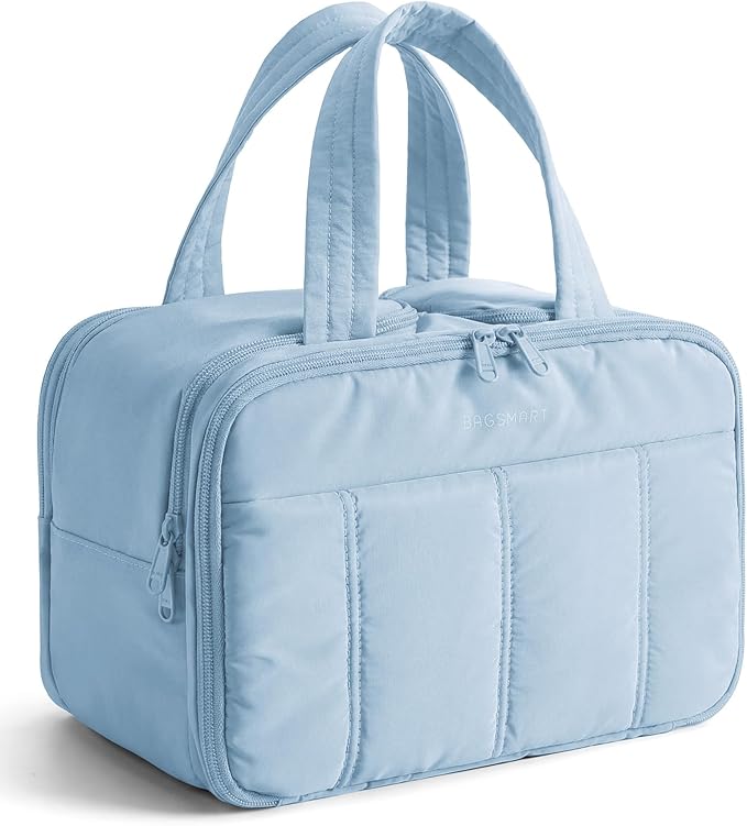 BAGSMART Travel Toiletry Bag, Puffy Large Toiletry Bag for Women, Lightweight Cosmetic Makeup Bag Organizer with Handle for Traveling, Accessories, Essentials, Toiletries (Light Blue) by BAGSMART