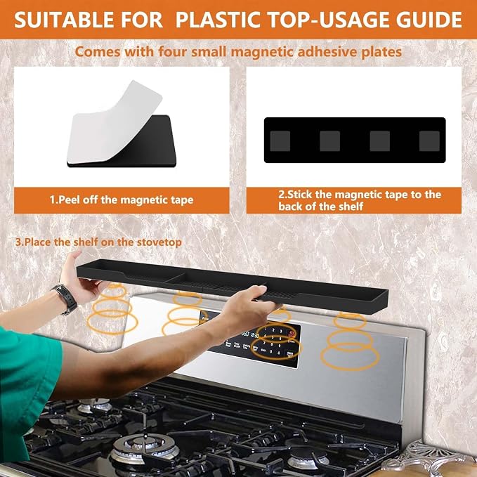 AWOKE Stove Top Shelf 30 Inch - Silicone Material Magnetic Shelf for Stove - 3 Functional Partitions Kitchen Spice Rack Organizer-Black,Kitchen Gadgets Storage Organization - Image 5