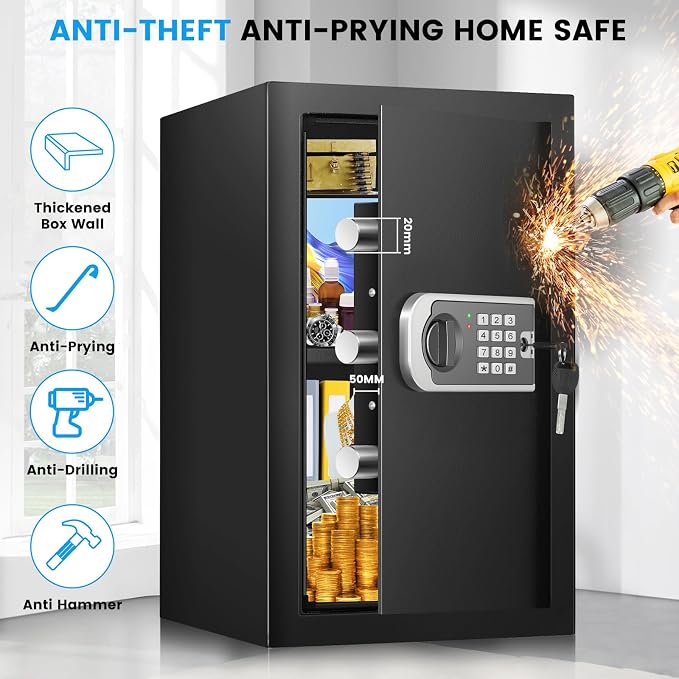 [19.7" Tall] Safe Box, 3.5 Cuft Home Safes with Fireproof Waterproof Bag | Security Digital Safe for Home with Programmable Keypad Keys, Smart Alert, Mute Mode, Anti-theft Document Safe for Valuables - Image 3