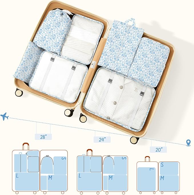 9 Set Packing Cubes for Travel Essentials - Lightweight Carry-On Luggage Organizer Bags with Shoe, Clothes & Laundry Bags for Airplane, Family & Business Travel, Blue flowers - Image 3