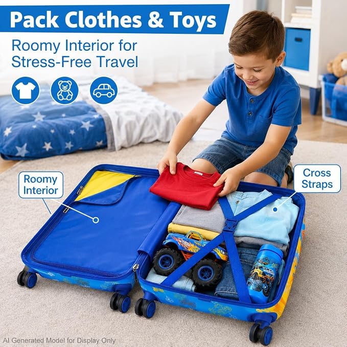 Lightweight Hardshell Spinner Kids Luggage Set 2PCS with Wheels - Airplane Approved Carry-On Suitcase for Boys & Children Ages 3-10, Car Rolling Suitcases Set for Elementary Toddler Travel - Image 3