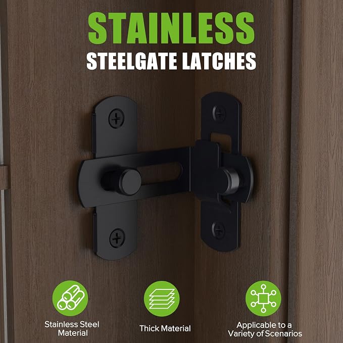 Barn Door Lock, 90 Degree Bifold Flip Door Latch, Black-2PCS | Stainless Steel Angle Latch Lock for Barn, Bathroom, Outdoor, Garage - Image 2
