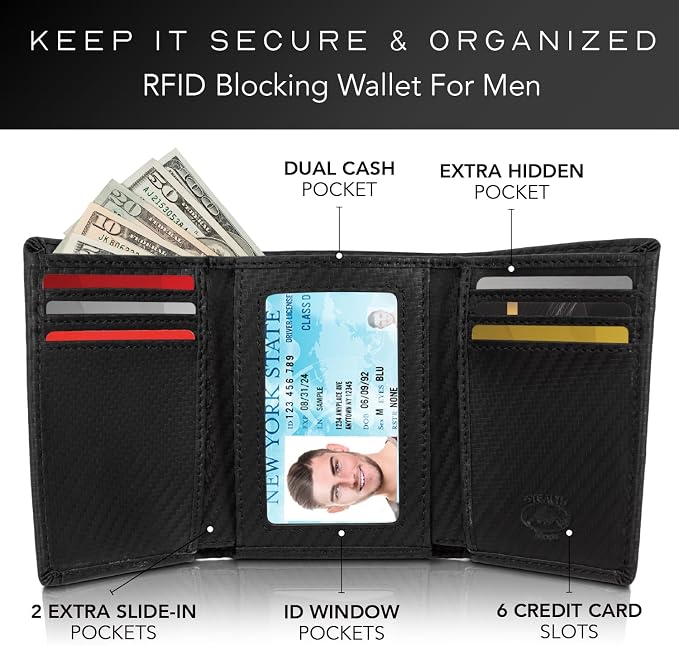 Stealth Mode Trifold Leather Wallet for Men with RFID Blocking (Carbon) | Top Grain Napa Leather, 9 Card Slots, ID Window, Gift Box – Gift for Dad, Husband, or Son - Image 2