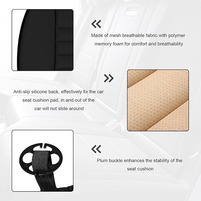 Car Seat Cushion, 1.2" Thick Comfort Memory Foam Auto Seat Pad with Non Slip Bottom, Breathable Driver Seats Pillow Pressure Relief Chair Cushion for Vehicle Office Home (Black) - Image 3