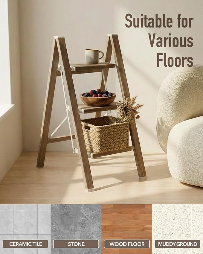 Mayi Plus 3 Step Stool Foldable, Aluminum, Lightweight Step Ladder | Extra-wide anti-slip folding steps with 330 lbs, for home,kitchen,office,outdoor,Cherry woodgrain - Image 8