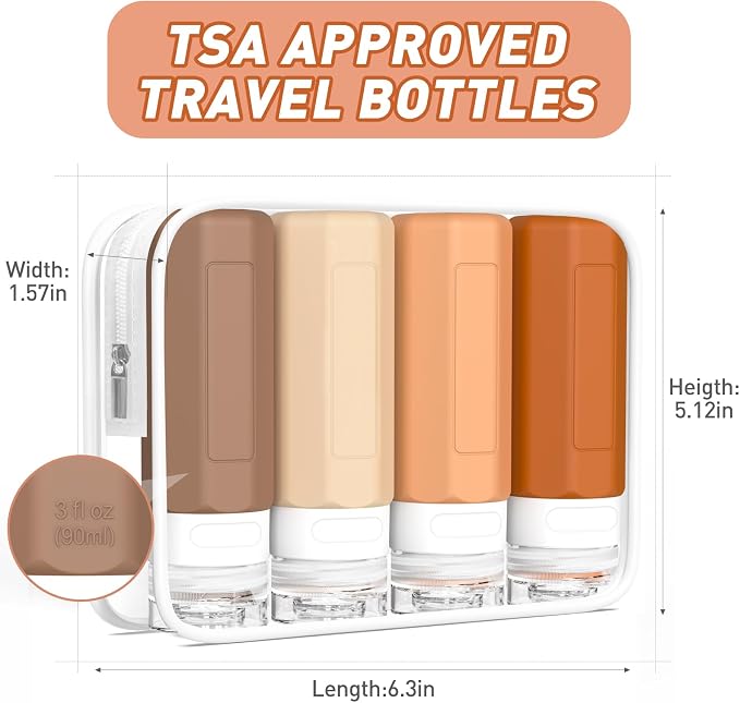 Redfly Travel Bottles for Toiletries, Tsa Approved 3oz Travel Size Containers, Leak Proof Travel Size Toiletries Bottles Silicone, BPA Free Refillable Shampoo Conditioners Essentials Kit, Apricot - Image 5