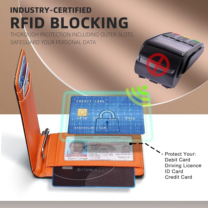 RUNBOX Slim Wallets for Men with RFID Blocking & Minimalist Mens Front Pocket Wallet Leather Black&inner Orange - Image 5