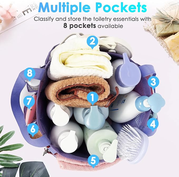 Fammart Mesh Shower Caddy Portable for College Dorm Room Essentials, Odorless Polyester Large Shower Tote Bag with Dual Handles, 8-Pocket Quick-Dry Toiletry Organizer for Travel, Beach, Camping, Gym - Image 4