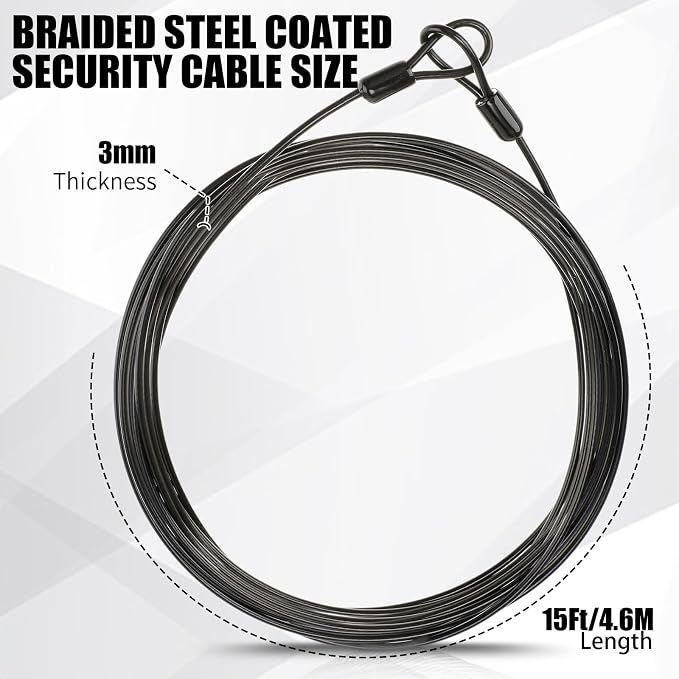 12 Pack Security Cable Luggage Lock with Loops 15 ft 3mm Braided Steel Coated Bike Cable Wire Double Loop Anti Theft Safety for U Lock, Padlock and Disc(Black) - Image 3