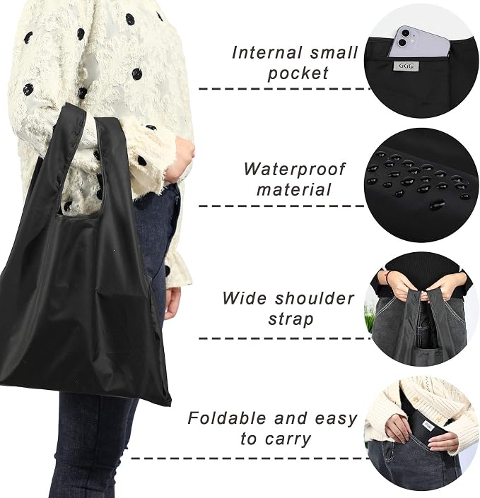 Large Reusable Bags Shopping Washable Foldable 6 Pack Grocery Bags Heavy Duty Lightweight Folding Gift Tote Bags Durable Polyester Black - Image 4