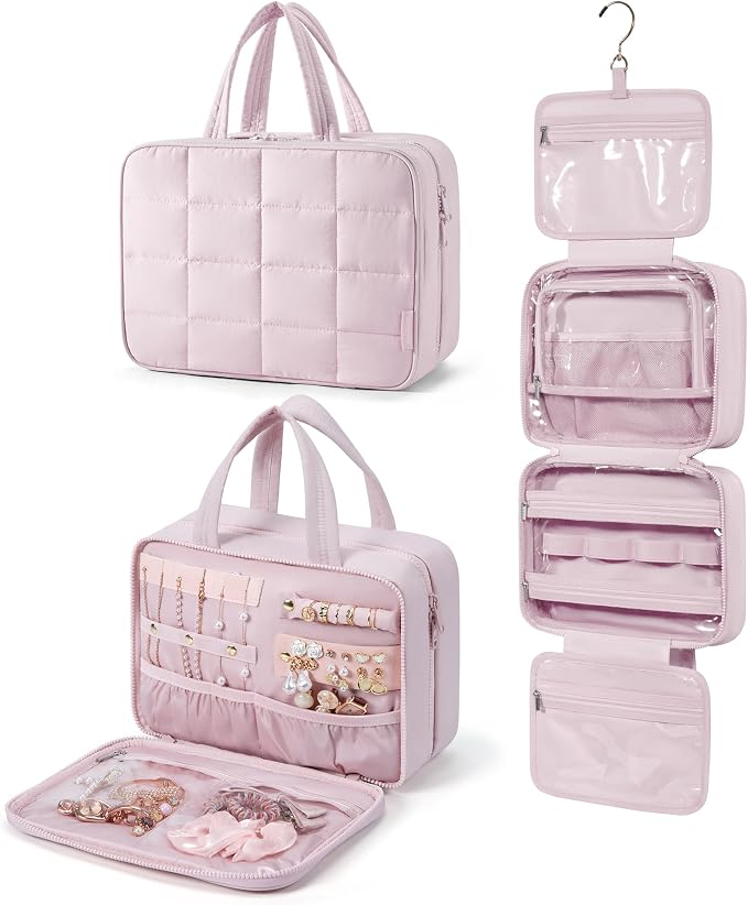 BAGSMART Travel Toiletry Bag with Jewelry Organizer, Hanging Travel Bag for Toiletries, Puffy Makeup Cosmetic Bag Organizer, Carry-on Travel Accessories Essentials, Pink-L by BAGSMART