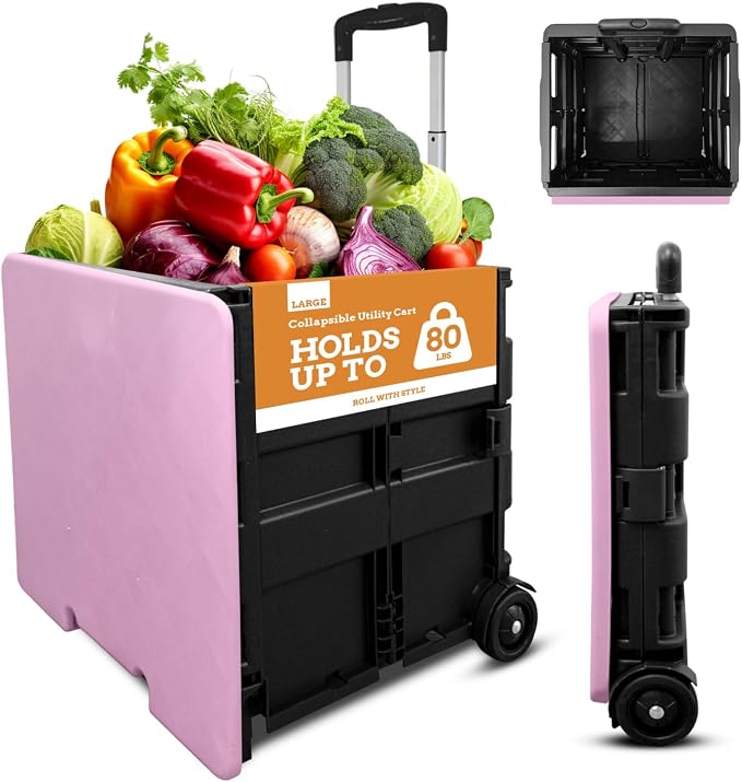 Inspired Living Collapsible Ultra-Slim Pack-N-Roll,2 Wheel Utility Cart w/Lid Used as Seat up to 250 Lbs, Telescopic Handle, Super Strong, for Home,Garden,Shopping,Office,School, Large, Pink & Black by Inspired+Living