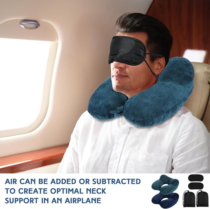 Sintuff 2 Pack Inflatable Travel Pillow for Airplanes Inflatable Neck Flight Pillows with Compact Bag and Blindfold for Traveling, Airplane, Train, Car, Office(Peacock Green and Blue) - Image 6