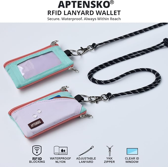 RFID Blocking Travel Wallet with Adjustable Lanyard, Small Nylon Zipper Pouch and Badge Holder for ID, Credit Cards, Cash, Keys, Commuters (SoftLilac+MintAqua) - Image 2