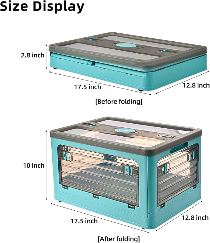 32Qt Plastic Storage Bins with Lid, Collapsible Storage Bins with Wheels, Storage Boxes with 4 Doors, Stackable Storage Bins for Organizing, Clothes, foods and Camping, 2-Pack (Blue) - Image 2