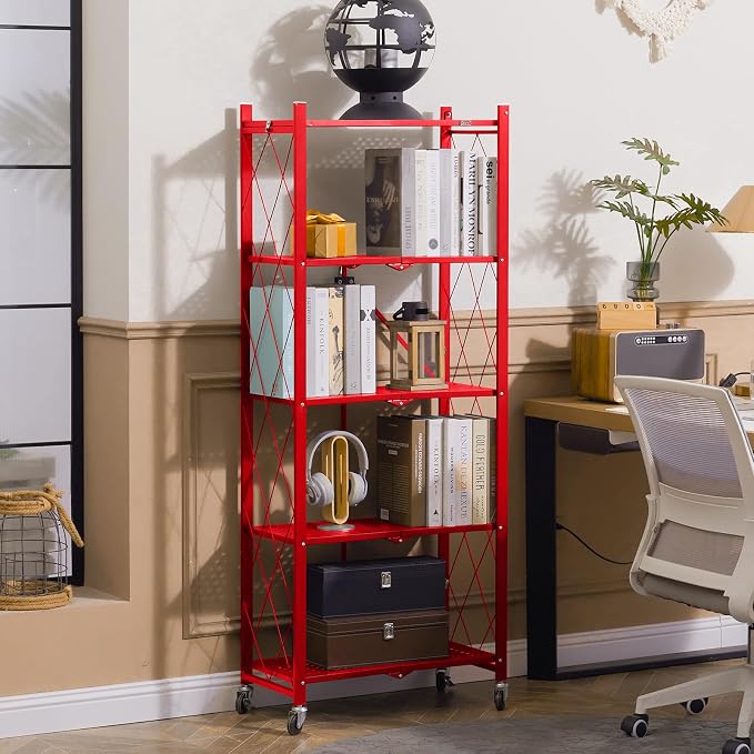 DEANIC 5-Shelf Folding Bookcase with Wheels, Heavy Duty Storage Shelves, Freestanding Metal Wire Shelving Unit for Living Room, Office, Kitchen, Basement, Pantry(Red) - Image 2