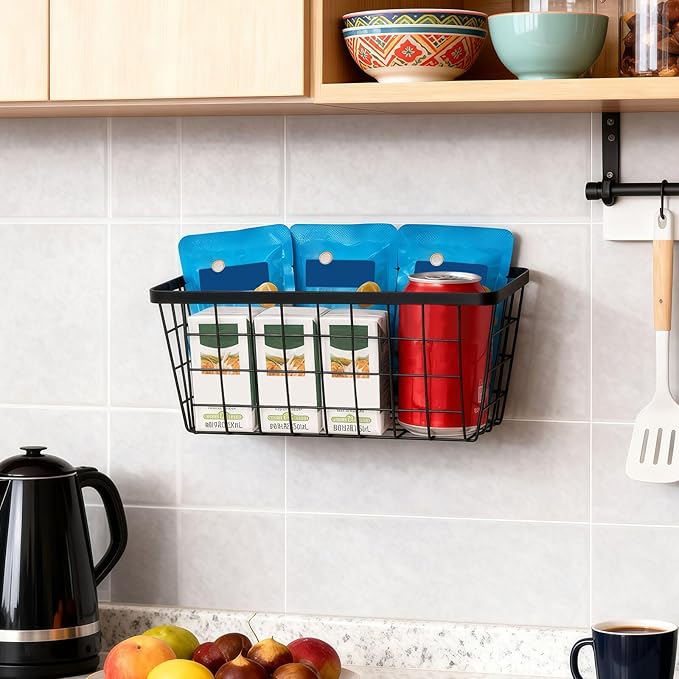 4 set Hanging Wall Basket Organizer,Over the Cabinet Door Wire Baskets for Organizing -Space-Saving Hanging Baskets for Organizing,Wall Mount Storage,No Drilling Adhesive Wall Storage Basket, Black - Image 4